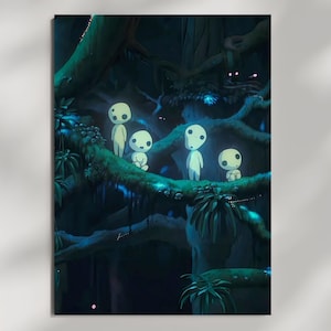 May include: A vertical digital illustration depicting a dark, lush forest scene at night. Four small, pale, glowing humanoid figures with large round heads and black eyes stand on thick, mossy tree branches amidst deep blue and green foliage.