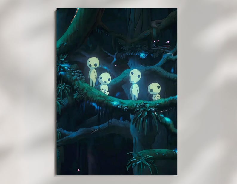 May include: A vertical digital illustration depicting a dark, lush forest scene at night. Four small, pale, glowing humanoid figures with large round heads and black eyes stand on thick, mossy tree branches amidst deep blue and green foliage.
