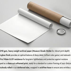 May include: A white sheet of paper partially rolled out from a brown cardboard shipping tube with a circular metal cap. The text lists specifications including 210 gsm archival paper, semi-gloss finish, water and UV resistance, and unframed status.