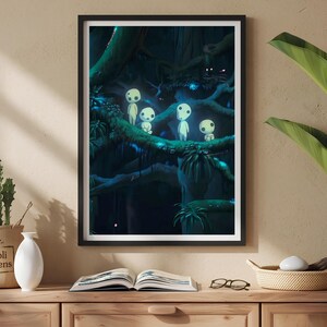 May include: A framed vertical wall art print featuring a dark forest scene with four glowing white spirits perched on thick tree branches. The artwork displays deep blue and green tones, highlighting the small, round-headed figures in a woodland.