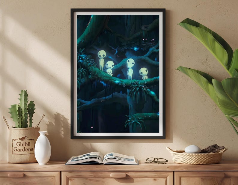 May include: A framed vertical wall art print featuring a dark forest scene with four glowing white spirits perched on thick tree branches. The artwork displays deep blue and green tones, highlighting the small, round-headed figures in a woodland.