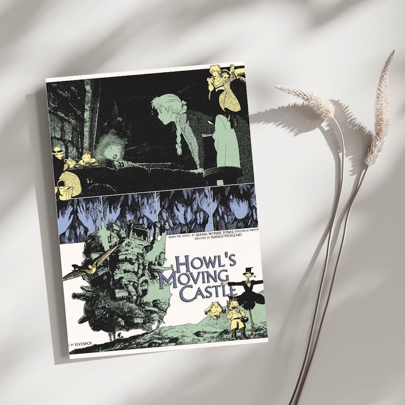 May include: A rectangular poster featuring a black, white, and pale green illustration from Howl's Moving Castle. The artwork depicts a complex mechanical castle, characters, and the text Howl's Moving Castle, from the novel by Diana Wynne Jones.