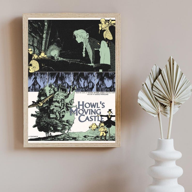 May include: A framed poster featuring Howl's Moving Castle with a multi-panel illustration. The top shows characters in a dark setting, while the bottom depicts the moving castle, a scarecrow, and the title text in a serif font on a light background.