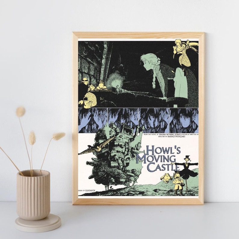 May include: A framed poster featuring a multi-panel illustration from Howl's Moving Castle. The artwork displays characters, a large mechanical castle, and the text Howl's Moving Castle, from the novel by Diana Wynne Jones, written and directed by Hayao Miyazaki.