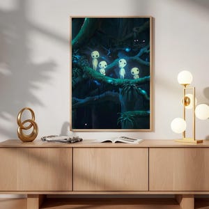 May include: A rectangular framed wall art print featuring a dark forest scene with four small, glowing white spirits perched on thick tree branches. The artwork uses deep shades of blue and green to depict a dense, mysterious woodland environment.