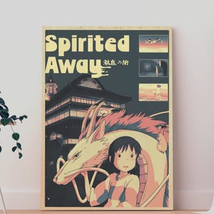 May include: A rectangular poster featuring the text Spirited Away in large cream letters against a dark teal background. The artwork displays a large dragon, a young person with dark hair, and a bathhouse building, with three small inset scenes.