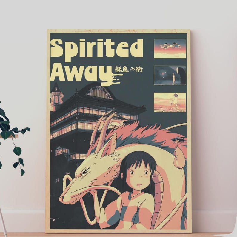 May include: A rectangular poster featuring the text Spirited Away in large cream letters against a dark teal background. The artwork displays a large dragon, a young person with dark hair, and a bathhouse building, with three small inset scenes.