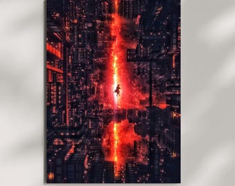 Tanjiro Aerial City Battle Poster, Cinematic Anime Art Print, Bedroom Wall Decor