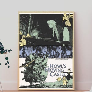 May include: A rectangular poster featuring a black, white, and pale green illustration from Howl's Moving Castle. The artwork displays characters, a large mechanical castle, and the text Howl's Moving Castle, Diana Wynne Jones, Hayao Miyazaki.