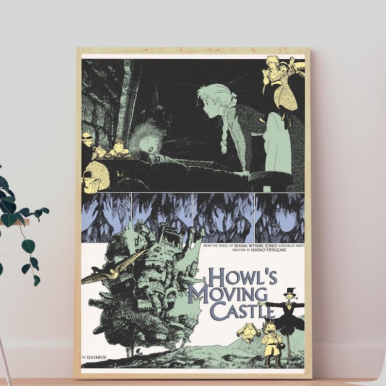 May include: A rectangular poster featuring a black, white, and pale green illustration from Howl's Moving Castle. The artwork displays characters, a large mechanical castle, and the text Howl's Moving Castle, Diana Wynne Jones, Hayao Miyazaki.