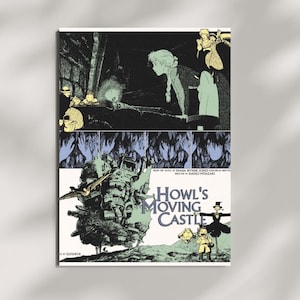 May include: A rectangular poster for Howl's Moving Castle featuring a multi-panelled illustration in black, white, and pale green. The artwork depicts characters, a large mechanical castle, and the film title text in a dark blue serif font.