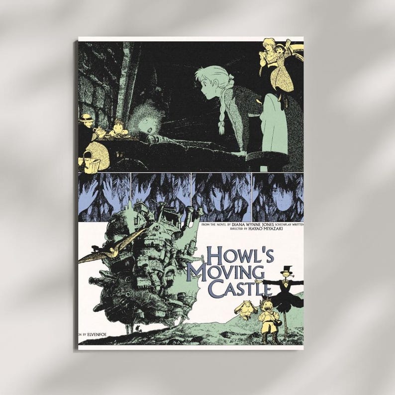 May include: A rectangular poster for Howl's Moving Castle featuring a multi-panelled illustration in black, white, and pale green. The artwork depicts characters, a large mechanical castle, and the film title text in a dark blue serif font.
