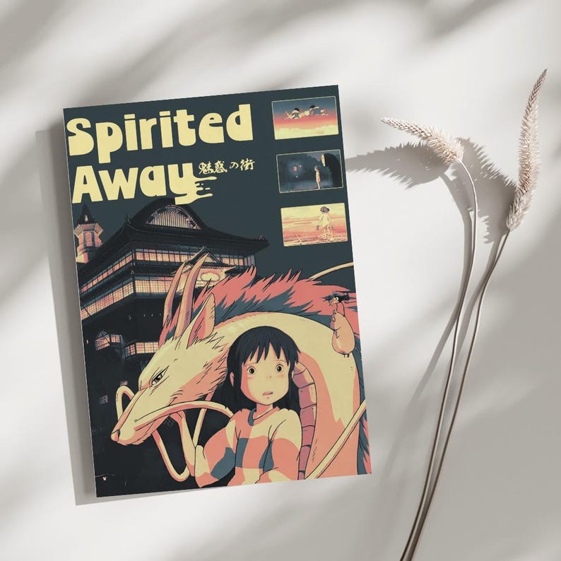 May include: A rectangular poster featuring the title Spirited Away in yellow text. The artwork displays a dark building, a large pale dragon, and a character with dark hair. Three small inset panels show scenes from the film, including a figure in a dark cloak and a character standing on a landscape.