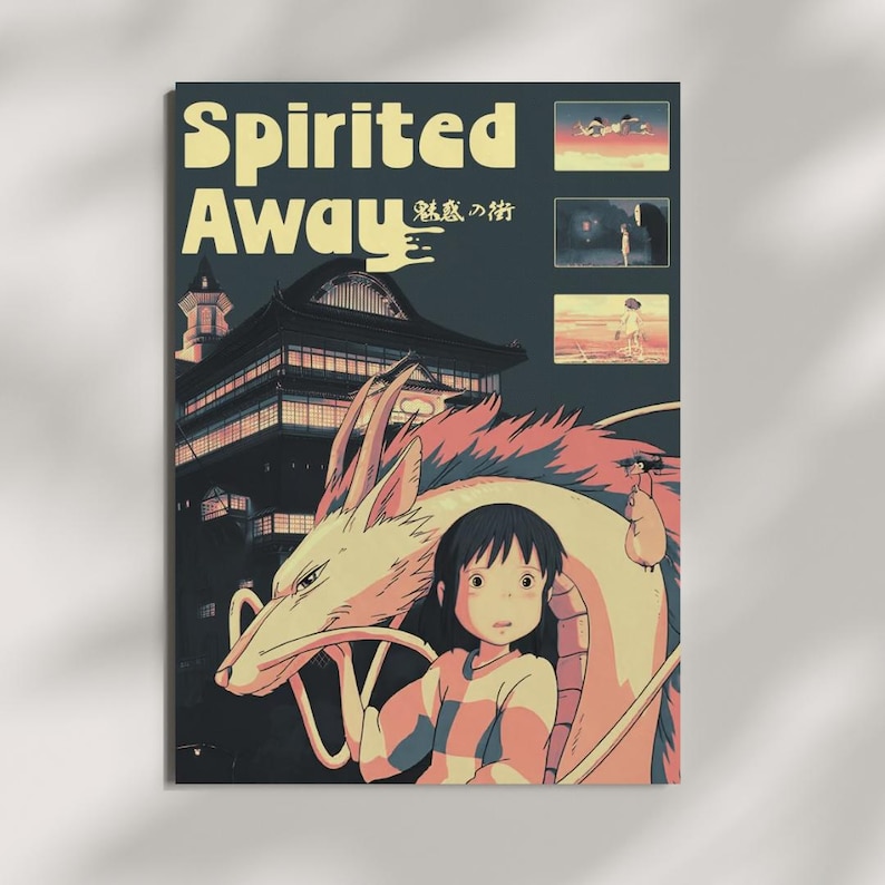 May include: A vertical poster featuring the title Spirited Away in cream lettering. The artwork displays a dark bathhouse, a young person with dark hair, and a large white dragon. Three small rectangular scenes are stacked on the right side.