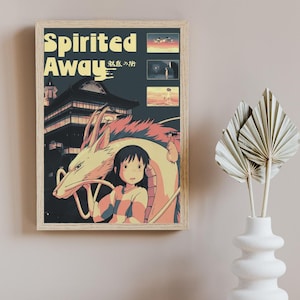 May include: A framed poster featuring the title Spirited Away in yellow text, with a dark blue background showing a large dragon, a young person, and three smaller rectangular scenes. The artwork depicts a traditional building and characters.