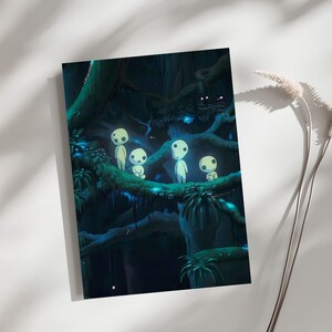 May include: A rectangular art print featuring a dark, lush forest scene with four small, glowing white spirits perched on a thick, mossy tree branch. The background is filled with deep blue and green shadows, dense foliage, and subtle light.
