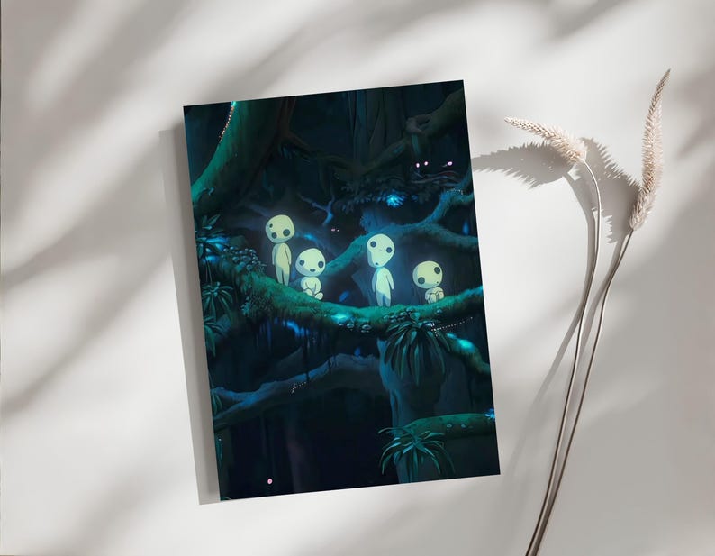 May include: A rectangular art print featuring a dark, lush forest scene with four small, glowing white spirits perched on a thick, mossy tree branch. The background is filled with deep blue and green shadows, dense foliage, and subtle light.