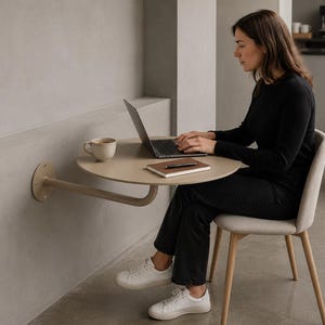 May include: A beige circular wall-mounted table with a single curved support arm attached to a wall. The table surface holds a laptop, a ceramic mug, and a closed notebook with a pen resting on top, providing a compact workspace solution.