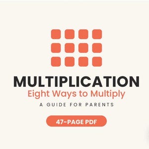 Puede incluir: Una portada de documento digital con una cuadrícula de doce cuadrados naranjas de esquinas redondeadas sobre el texto negro MULTIPLICATION, el texto naranja Eight Ways to Multiply, el texto negro A GUIDE FOR PARENTS y un botón 47-PAGE PDF.