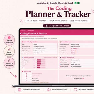 Coding Planner and Tracker | Python Study Spreadsheet | 100 Days of Code Habit Tracker | Learn to Code Dashboard | Excel & Google Sheets