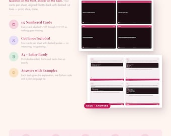Python Coding Flashcards | 117 Syntax Study Cards, Beginner Revision Deck (Digital Download)