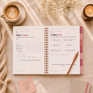 May include: A spiral-bound planner open to pages titled Habit Tracker and Coding Wins. The left page features a habit checklist, while the right page includes sections for coding achievements and a rose gold pen resting on the paper.
