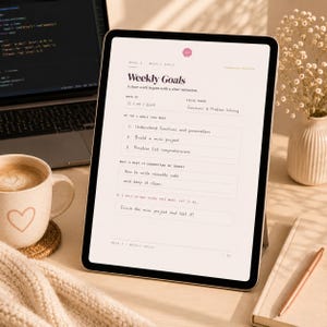 May include: A digital tablet displaying a weekly goals planner template with the text Weekly Goals, A clear week begins with a clear intention, and sections for top goals, focus themes, and tasks related to functions and problem solving.