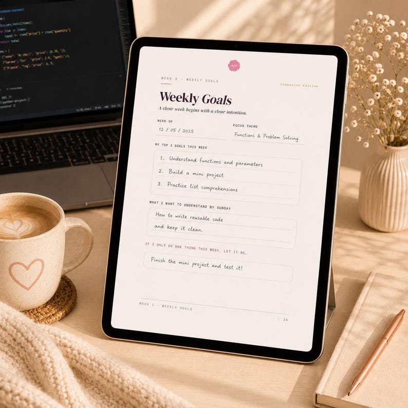 May include: A digital tablet displaying a weekly goals planner template with the text Weekly Goals, A clear week begins with a clear intention, and sections for top goals, focus themes, and tasks related to functions and problem solving.