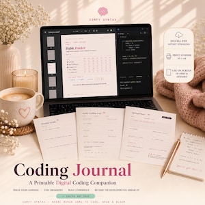 May include: A digital coding journal displayed on a laptop screen and printed pages, featuring a habit tracker, daily coding log, and debug diary. The set includes a digital PDF download option for A5 and A4 sizes, designed for screen use or printing.