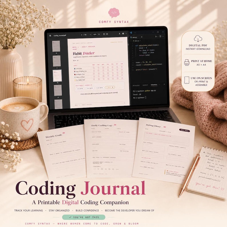 May include: A digital coding journal displayed on a laptop screen and printed pages, featuring a habit tracker, daily coding log, and debug diary. The set includes a digital PDF download option for A5 and A4 sizes, designed for screen use or printing.