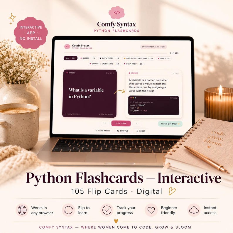 K&ouml;nnte beinhalten: Ein Laptop-Bildschirm zeigt die interaktive Webanwendung Comfy Syntax Python Flashcards. Die Benutzeroberfl&auml;che zeigt eine dunkelviolette Karte mit dem Text What is a variable in Python? und eine Antwortkarte mit Codebeispielen.