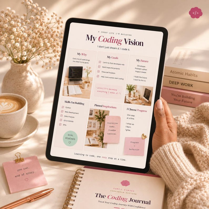 Pu&ograve; includere: Un tablet che mostra un pianificatore digitale intitolato My Coding Vision con sezioni per obiettivi, competenze e ispirazioni. Lo schermo presenta testo, liste di controllo e immagini di uno spazio di lavoro.