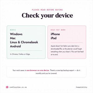 Pu&ograve; includere: Un grafico informativo intitolato Check your device. Elenca la compatibilit&agrave;: funziona su Windows, Mac, Linux, Chromebook e Android usando Chrome, Firefox o Edge. Non funziona su iPhone o iPad a causa delle limitazioni di Safari.