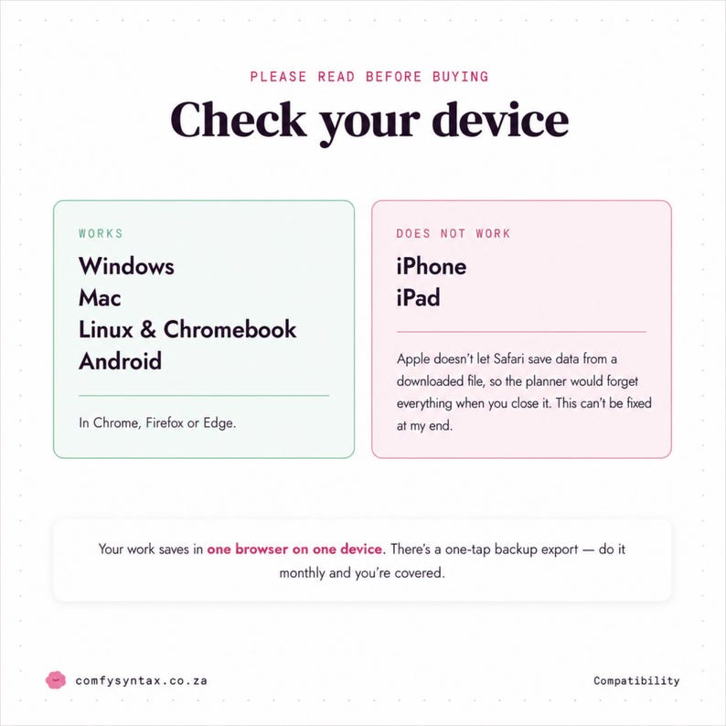 Pu&ograve; includere: Un grafico informativo intitolato Check your device. Elenca la compatibilit&agrave;: funziona su Windows, Mac, Linux, Chromebook e Android usando Chrome, Firefox o Edge. Non funziona su iPhone o iPad a causa delle limitazioni di Safari.