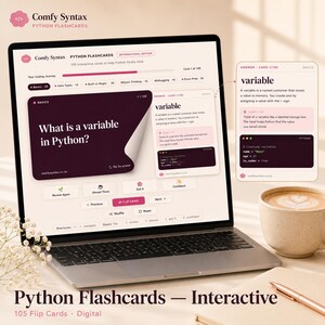K&ouml;nnte beinhalten: Ein Laptop-Bildschirm zeigt Comfy Syntax Python-Lernkarten, darunter eine dunkelviolette Karte mit dem Text What is a variable in Python? und eine wei&szlig;e Antwortkarte, die Variablen mit Codebeispielen erkl&auml;rt. Die Oberfl&auml;che enth&auml;lt Schaltfl&auml;chen.