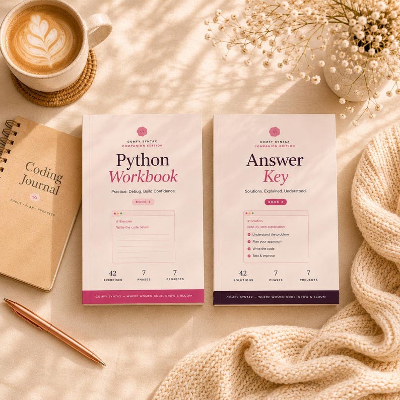 K&ouml;nnte beinhalten: Zwei zartrosa B&uuml;cher mit den Titeln Python Workbook und Answer Key, ein beiges, spiralgebundenes Coding Journal und ein ros&eacute;goldener Stift. Die B&uuml;cher enthalten Texte wie Comfy Syntax, Companion Edition und Where Women Code, Grow & Bloom.