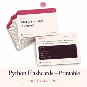 Python Coding Flashcards | 105 Syntax Study Cards, Beginner Revision Deck (Digital Download) 画像 1