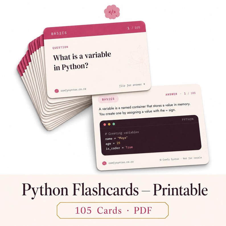 Python Coding Flashcards | 105 Syntax Study Cards, Beginner Revision Deck (Digital Download) 画像 1