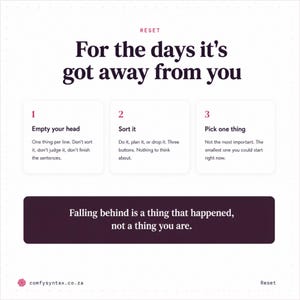 Pu&ograve; includere: Un grafico informativo bianco intitolato RESET con il testo For the days it's got away from you. Elenca tre passaggi: 1 Empty your head, 2 Sort it e 3 Pick one thing, seguiti da un banner viola scuro che recita Falling behind is a thing that happened, not a thing you are. In basso sono presenti comfysyntax.co.za e Reset.