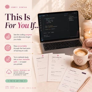 May include: A laptop displaying Python code, three printed planner sheets titled Weekly Goals, Daily Coding Log, and Debug Diary, a ceramic mug with a heart design, and a pen. The text reads Comfy Syntax, This Is For You If, and You've Got This.