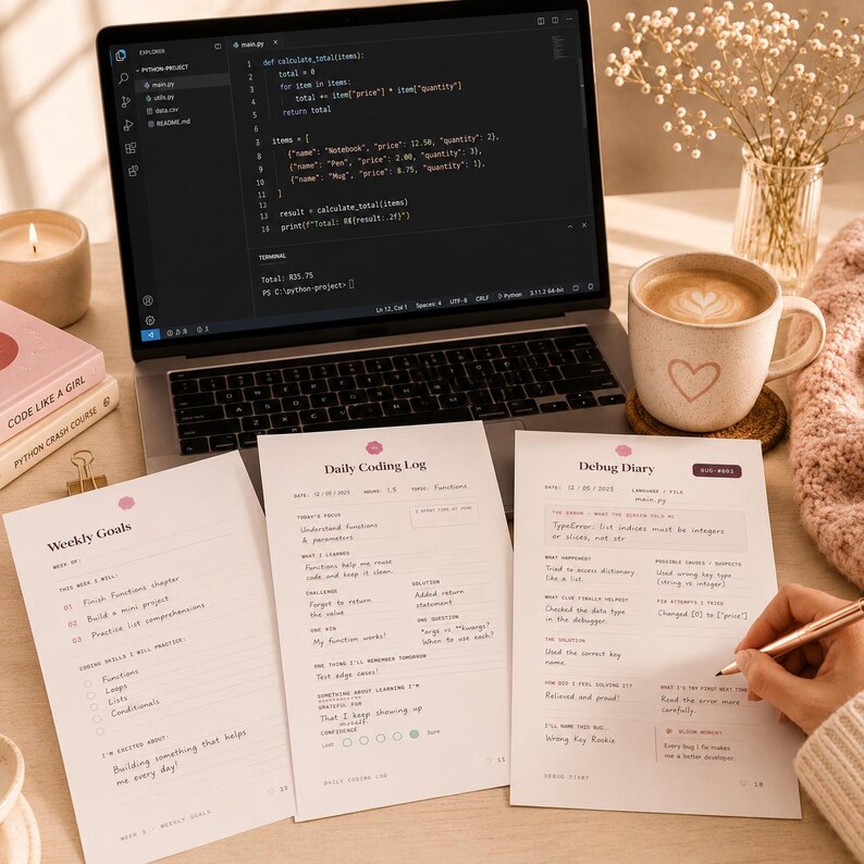 May include: A laptop displaying Python code alongside three printed paper sheets titled Weekly Goals, Daily Coding Log, and Debug Diary. The workspace includes a ceramic mug with a heart design, a candle, and a pen resting on the paper.