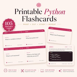 Python Coding Flashcards | 105 Syntax Study Cards, Beginner Revision Deck (Digital Download)