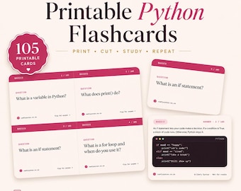 Python Coding Flashcards | 105 Syntax Study Cards, Beginner Revision Deck (Digital Download)