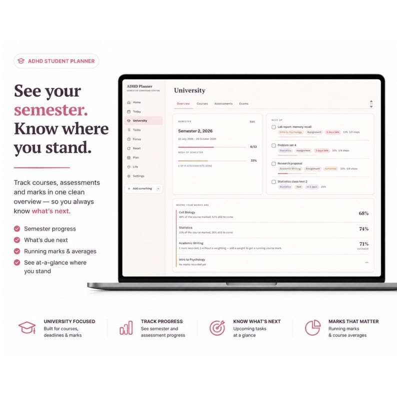 Pu&ograve; includere: Un pianificatore digitale per studenti ADHD visualizzato su uno schermo di un portatile, con una dashboard universitaria che mostra il progresso del semestre, i corsi, le scadenze e le medie dei voti con barre di avanzamento.