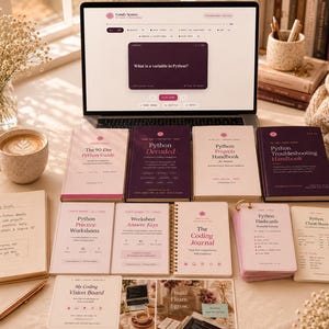 K&ouml;nnte beinhalten: Eine Sammlung von Python-Lernmaterialien, darunter ein Laptop mit einer Programmieroberfl&auml;che, mehrere gebundene B&uuml;cher, spiralgebundene Notizb&uuml;cher, Lernkarten und ein Spickzettel, alle in einer Farbpalette aus zartem Rosa, Creme und Dunkellila.
