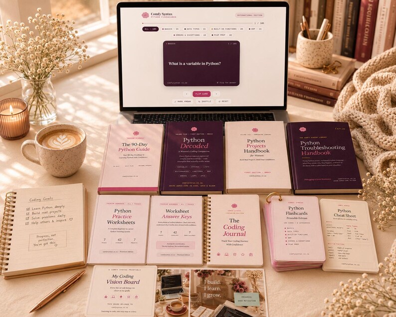 K&ouml;nnte beinhalten: Eine Sammlung von Python-Lernmaterialien, darunter ein Laptop mit einer Programmieroberfl&auml;che, mehrere gebundene B&uuml;cher, spiralgebundene Notizb&uuml;cher, Lernkarten und ein Spickzettel, alle in einer Farbpalette aus zartem Rosa, Creme und Dunkellila.