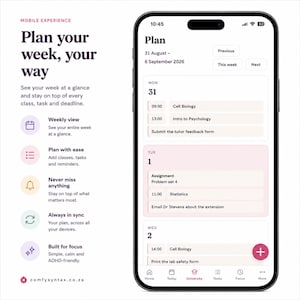 Pu&ograve; includere: Uno smartphone che mostra l'interfaccia di un'app di pianificazione digitale con un programma settimanale. Lo schermo mostra le date dal 31 agosto al 6 settembre 2026, elencando lezioni come Cell Biology e Statistics, insieme a varie attivit&agrave;.