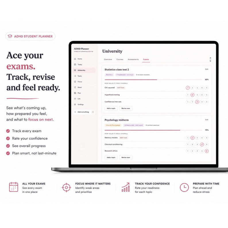 Pu&ograve; includere: Un pianificatore digitale per studenti ADHD visualizzato su uno schermo di un portatile, con un'interfaccia per il monitoraggio degli esami universitari, barre di avanzamento ed elenchi di argomenti. Il testo recita: Ace your exams.