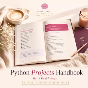 May include: An open Python Projects Handbook digital PDF with pages detailing a Mood Checker project, including a list of projects, project overview, and learning objectives. The text includes 'Comfy Syntax', 'Projects Included', and 'Mood Checker'.