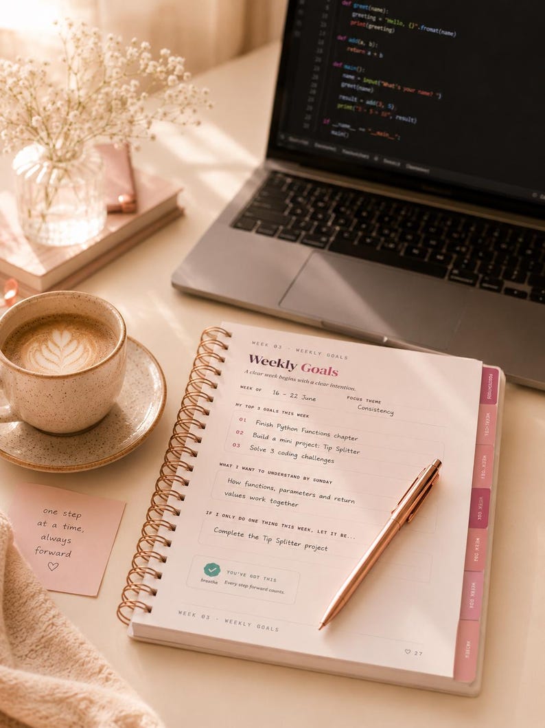 May include: A spiral-bound weekly planner open to a page titled Weekly Goals, featuring sections for top goals, learning objectives, and a task list. A rose gold pen rests on the page, which includes text about Python functions and a Tip Splitter project.